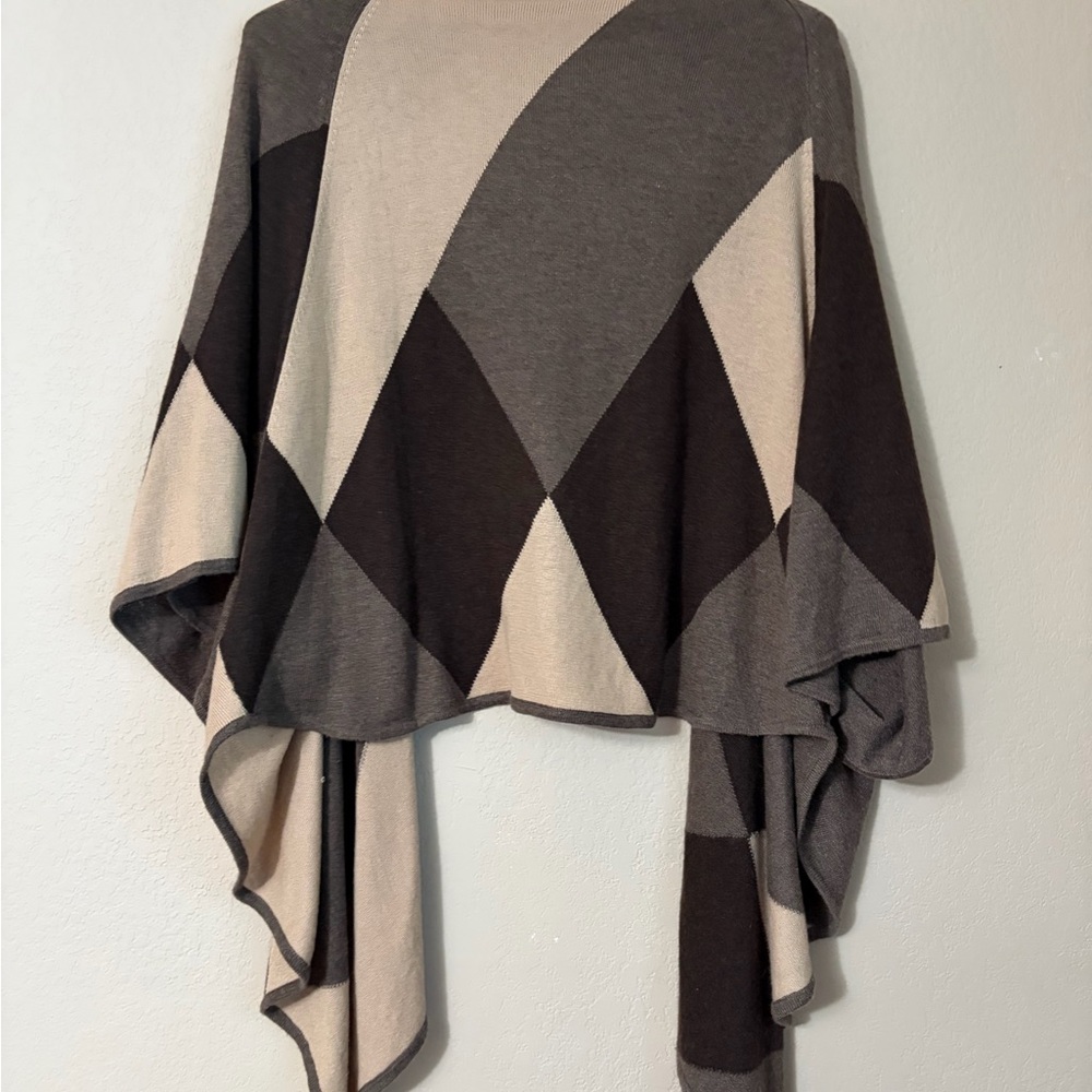 Sisters Geometric Color Block Open Cardigan Shawl Wrap Taupe Cream Boho - Picture 6 of 11